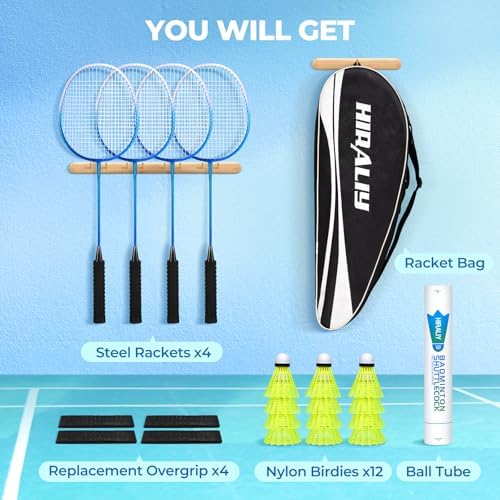 HIRALIY Badminton Rackets Set for Backyards, Lightweight Badminton Set of 2/4, Includ Rackets, Birdies, 1 Carrying Bag, Outdoor Games for Adults Family Kids Beginners