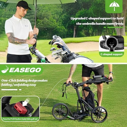 Golf Push Cart 3 Wheel : Golf Bag Cart Foldable with Phone Holder/Cup/Umbrella Holder Compact Golf Pull Carts Quick Fold Golf Caddy Push Carts with Large Wheelbase for Different Terrain