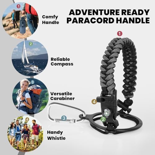 Insulated Water Bottle 87 oz, Triple Wall Vacuum Stainless Steel (Cold for 48 Hrs), Leak Proof & Non-BPA, Modern Water Flask Jug with Paracord Handle & Straw Spout Lids, Dark Grey
