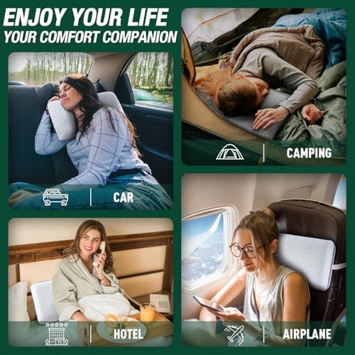 Travel & Camping Cooling Memory Foam Pillow for Backpacking &Airplanes &Beach, Medium Firm Small Camp Bed Pillow for Car Sleeping,Toddler, Breathable Washable Cover, Neck Support Portable Compressible