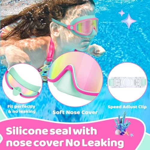 Vvinca 2 Pcs Kids-Swim-Goggles with Nose Cover, Swimming Diving Mask Wide View Anti Fog UV Anti Shattered Lens for Kids 3-6