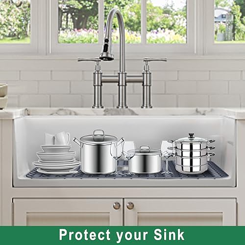 GUUKIN Sink Protectors for Kitchen Sink 19x13 & 24x12.5 & 13x11 & 26x14 & 28x14 & 29x15, Large Silicone Mats Grid for Bottom of Farmhouse Stainless Steel (24x12.5 with 3 Reserved Holes)