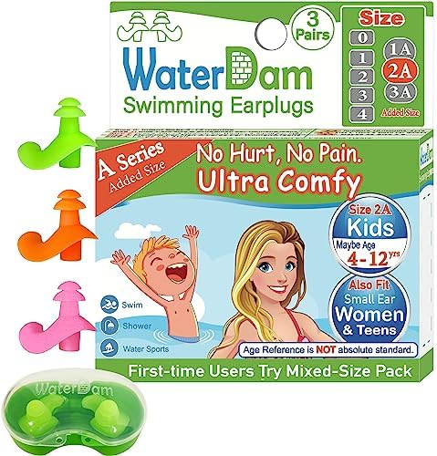 WaterDam A-Series Swimming Ear Plugs Ultra Comfy Great Waterproof Earplugs (Size 2A+2A+2A: Kids Teens Small&Medium Ear Women (Green Orange Pink))
