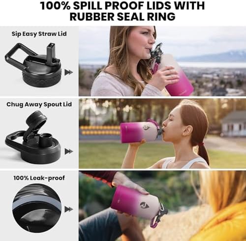 One Gallon Water Bottle Insulated, Triple Walled Vacuum Stainless Steel (Cold for 48 Hrs), Leak Proof & Non-BPA, Large Water Flask Jug with Paracord Handle & Straw Spout Lids