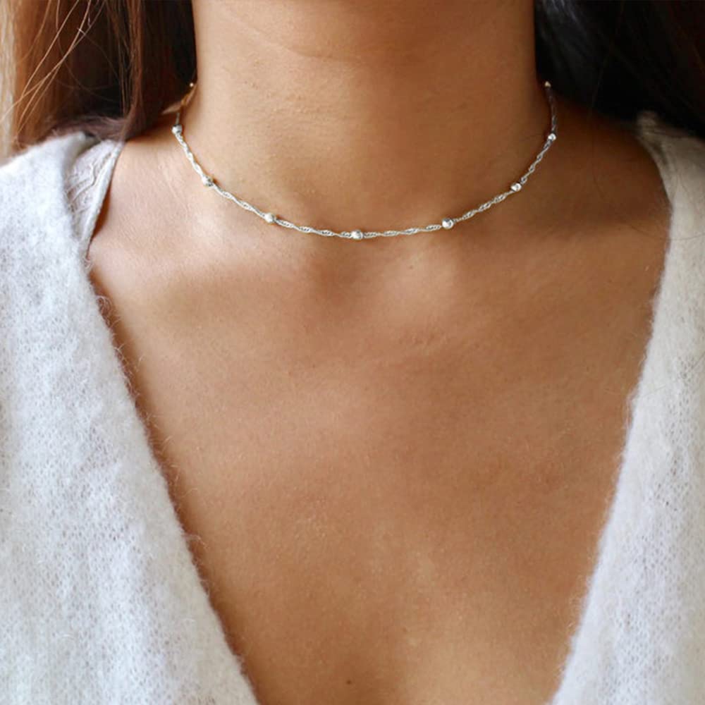 Turandoss 14K White Gold Plated Silver Layered Necklace for Women Jewelry