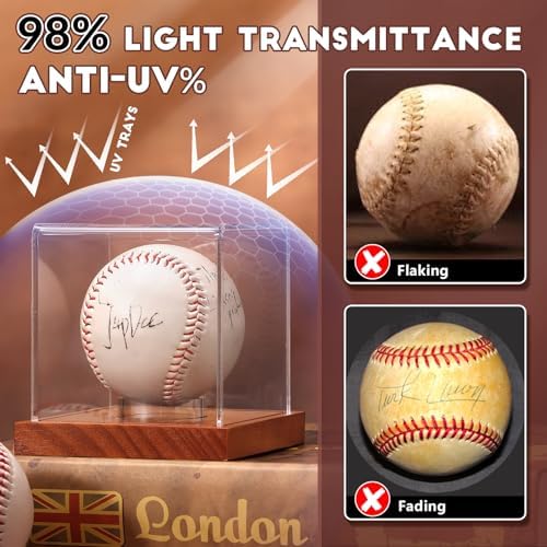 JupDec Baseball Display Case, Clear Cube Baseball Holder with Wooden Base, Autograph Baseball Stand Box for Single Ball, Acacia Wood, Brown, 2 Pack