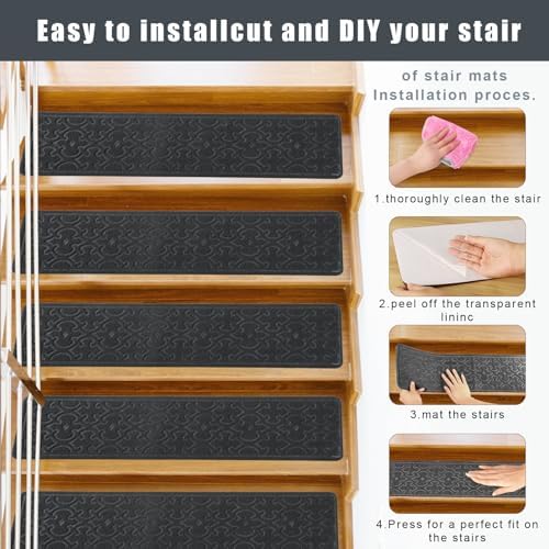 15Pcs Stair Treads for Wooden Steps With Self Adhesive, 8"x30" Non Slip Stair Runners-Peel & Stick Indoor Stair Carpet Runner, Resistant Runner for Kids, Elders and Pets, Black