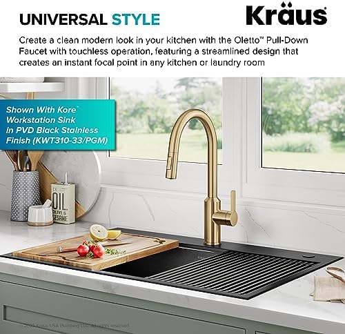 Kraus Oletto Kitchen Faucets Touchless Sensor Single Handle Pull-Down Sprayer in Brushed Brass, KSF-2830BB