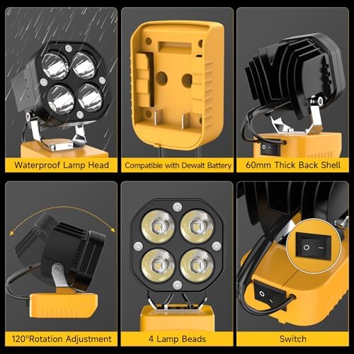 LED Work Light Compatible with Dewalt 20V Battery, 40W 6000LM Flashlight, 20V Battery Cordless Work Light 120°Adjustable with Low Voltage Protection for Outdoors and Job Site Lighting