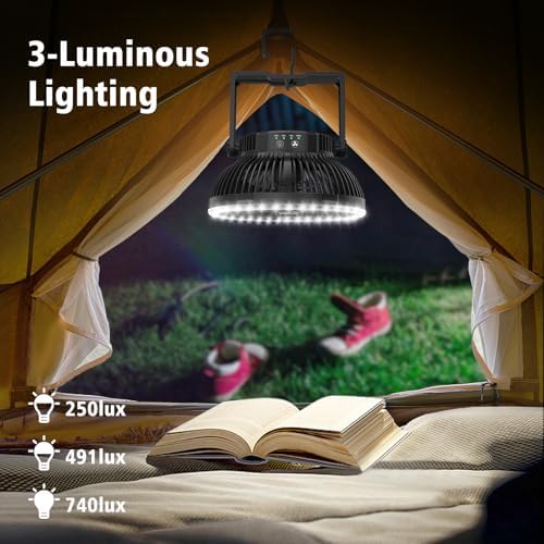 MORECORE Portable Camping Fan with LED Lantern, 24HRS Running 8inch Rechargeable Tent Fan, Powerful 3-Speed 180° Rotate with Hook, Quiet for Outdoor RV Travel Fishing Hurricane Emergency Power Outage