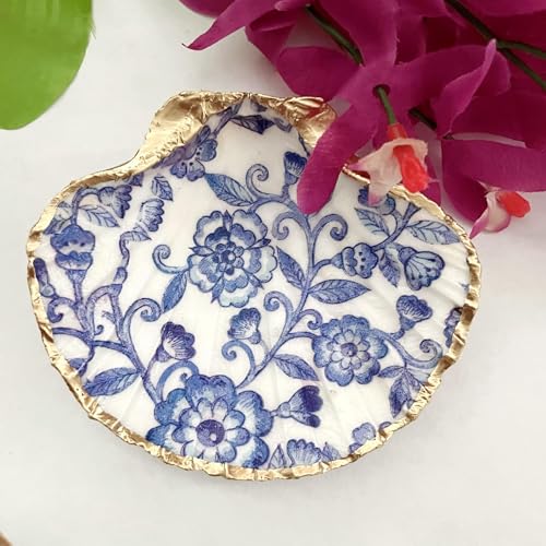 Blue Floral Lace Trinket with Pearl Earrings, Chinoiserie Home Decor Jewelry Ring Dish Gifts for Women Mom Mother Wife Bride Birthday Wedding Engagement Christmas Stocking Stuffers Room Decor Gift Box