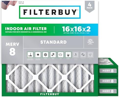 Filterbuy 16x16x2 Air Filter MERV 8 Dust Defense (4-Pack), Pleated HVAC AC Furnace Air Filters Replacement (Actual Size: 15.50 x 15.50 x 1.75 Inches)