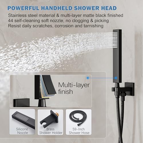 Black Shower System, Shower Faucet Set with 10-Inch Rain Showerhead and Handheld Spray, Wall Mounted High-Pressure Showerhead Combo Set Included Valve and Trim, Matte Black