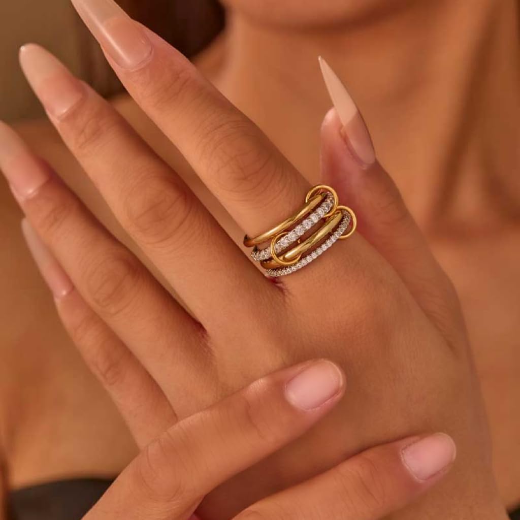 Canboer Gold and Silver Interlocked Stackable Rings for Women CZ Interlocking Stack Statement Rings Set Mixed Metals Trendy Chunky Two-Toned Connected Bands Stacking Ring Non Tarnish Size 8