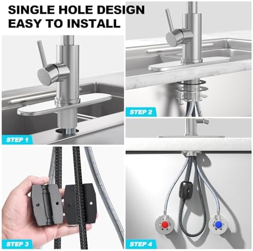 Brushed Nickel Single Hole Kitchen Faucets with Pull Down Sprayer, Single Handle, High Flow Water, Pull Out Tap, Stainless Steel Sink Faucet, Suitable for Farmhouse Camper Laundry Rv Bar