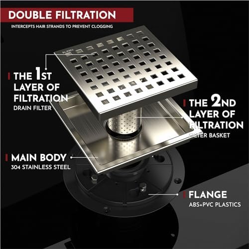 6 Inch Square Shower Floor Drain with Flange,Quadrato Pattern Grate Removable,Food-Grade SUS 304 Stainless Steel,Watermark&CUPC Certified,Brushed Nickel