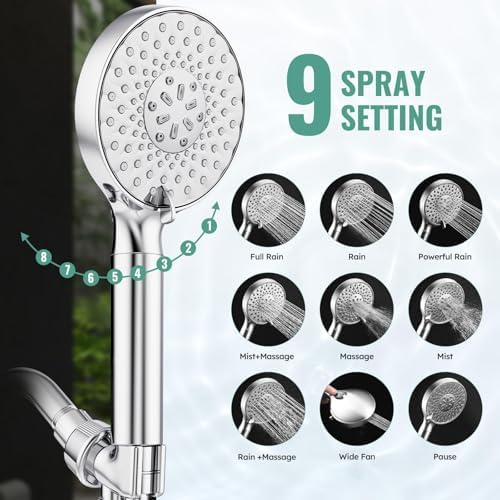 Filtered Shower Head with Handheld, High Pressure 9 Spray Mode Chrome Showerhead with Filters,detachable shower head,Water Softener Filters Beads for Hard Water -Remove Chlorine