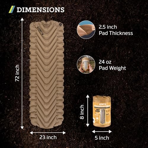 KLYMIT Insulated Static V Inflatable Sleeping Pad | Comfortable, Lightweight, Easy to Inflate, Portable Air Bed Mattress for Camping, Backpacking and Hiking — Coyote Sand