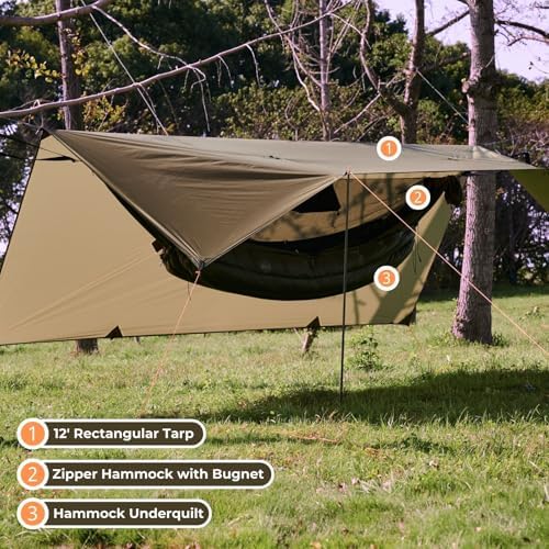 onewind 12×10 ft Hammock Tarp, Ultralight Tarp Silnylon Hammock Rain Fly Lightweight Waterproof Camping Tent Tarp with Doors, Easy to Setup with Stuff Sack, Tent Stakes, OD Green