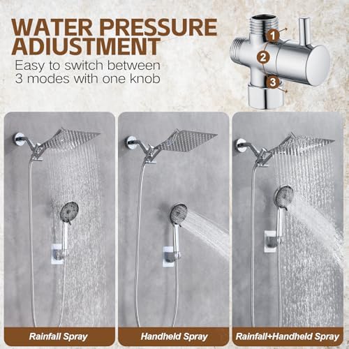 Shower Head,10”Rain Shower Head with Handheld Spray Combo and Adjustable Extension Arm/3-Way Flow Regulator/Shower System,High Pressure Rain Fall Hose,Chrome