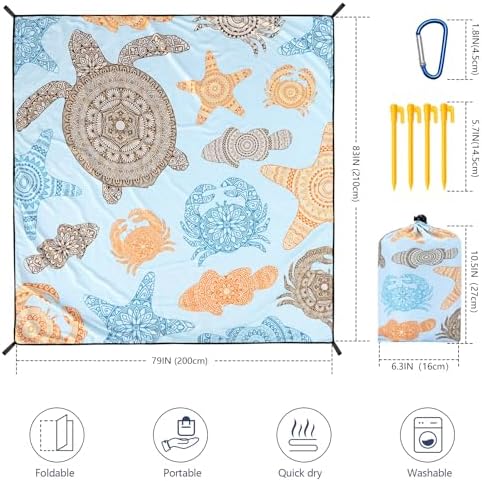 Beach Blanket Waterproof Sandproof Beach Mat 79" X 83" /10'x9'for 2-8 Adults Quick Drying Outdoor Picnic Mat Beach Accessories for Travel, Camping, Hiking