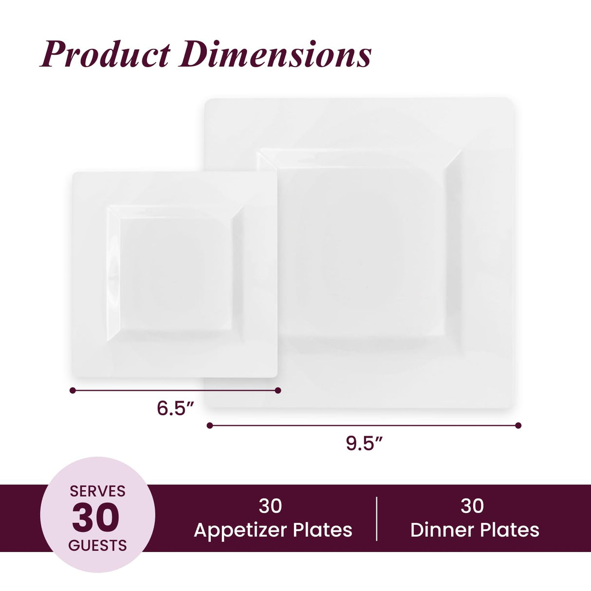 Aya's 60ct White Square Disposable Plates - Heavy Duty Plastic Party Plates for Christmas, Thanksgiving (30 Dinner & 30 Salad)