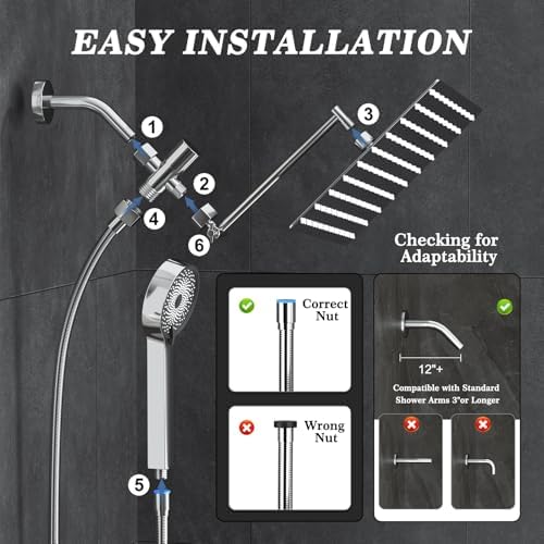 Shower Head, Rain Shower Head with Handheld Spray Combo, 10 Inch Adjustable High Pressure Rainfall Shower Head, Dual Showerhead Set with Extension Arm and 60 Inch Long Shower Hose (Silver)
