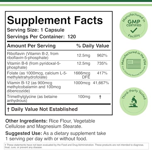 Methylated Multivitamin (Methylated and Activated Vitamins Only - Methylated B Complex with Trimethylglycine (TMG) and Methylfolate)(Non-GMO, Gluten Free MTHFR Supplement) 120 Capsules by Double Wood