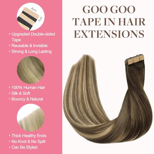 GOO GOO Tape in Hair Extensions Human Hair, 3/8/613 Balayage Walnut Brown to Ash Brown and Bleach Blonde, 18inch 50g 20pcs, Thick Ends Straight Seamless, Invisible Tape in Hair Extensions Human Hair