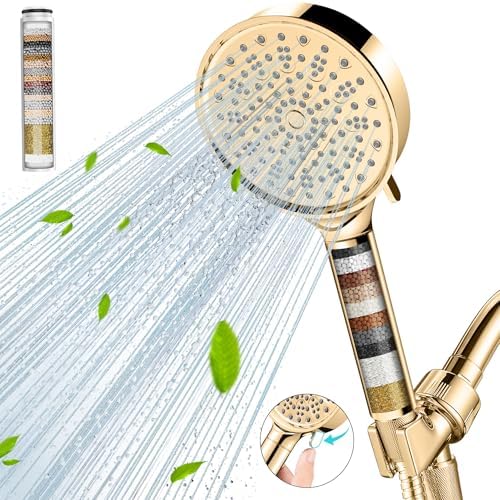 Cobbe Filtered Shower Head with Handheld, High Pressure 6 Spray Mode Showerhead with Filters, Water Softener Filters Beads for Hard Water - Remove Chlorine - Reduces Dry Itchy Skin, Egyptian Gold