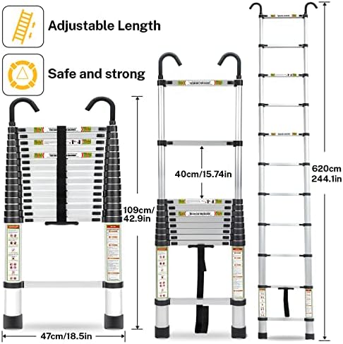 Telescopic Ladder, 20.34FT Aluminum Telescoping Ladder with Stable Hook and Non-Slip Feet, RIKADE Portable Extension Ladder for Household and Outdoor Working, 330lb Capacity
