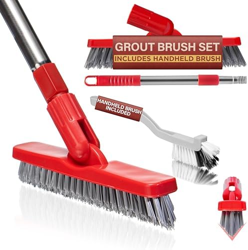 Foxtrot Living Grout Brush with Long Handle & Handheld Stiff Bristle Scrubber, V-Shaped Cleaner with Telescopic Handle for Easy Cleaning & Storage - Tile Floor Cleaning Brush