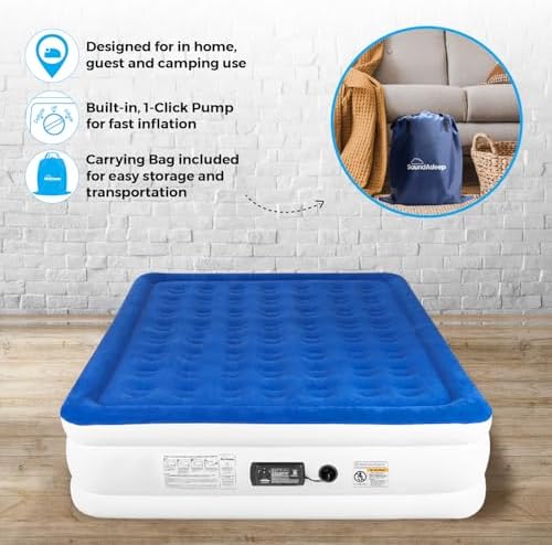 SoundAsleep Dream Series Luxury Air Mattress with ComfortCoil Technology & Built-in High Capacity Pump for Home Camping- Double Height, Adjustable, Inflatable Blow Up, Portable - California King XL