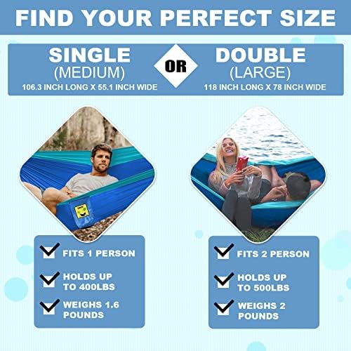 SZHLUX Camping Hammock Double & Single Portable Hammocks with 2 Tree Straps, Great for Hiking,Backpacking,Hunting,Outdoor,Beach,Camping,Dark Blue / Sky Blue
