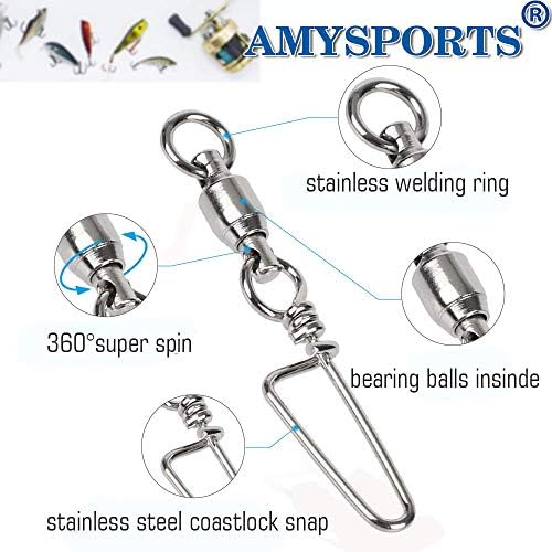 AMYSPORTS High Strength Fishing Snap Swivels Ball Bearing Swivels Stainless Fishing Swivels Saltwater Corrosion Resistance Barrel Swivel for Freshwater Fishing