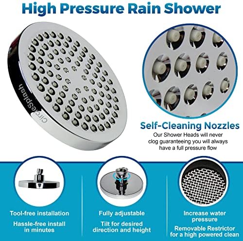High Pressure Shower Head - Anti-Clogging Silicone Nozzles - 2.5 GPM Removable Restrictor - Easy to Clean Adjustable Replacement - easy to install with Plumbers Tape - 6 inch - Classic Chrome Finish