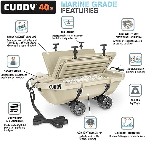 CUDDY Crawler Cooler with Wheels – 40 QT Amphibious Floating Cooler and Dry Storage Vessel - Orange, Navy, Tan, or White