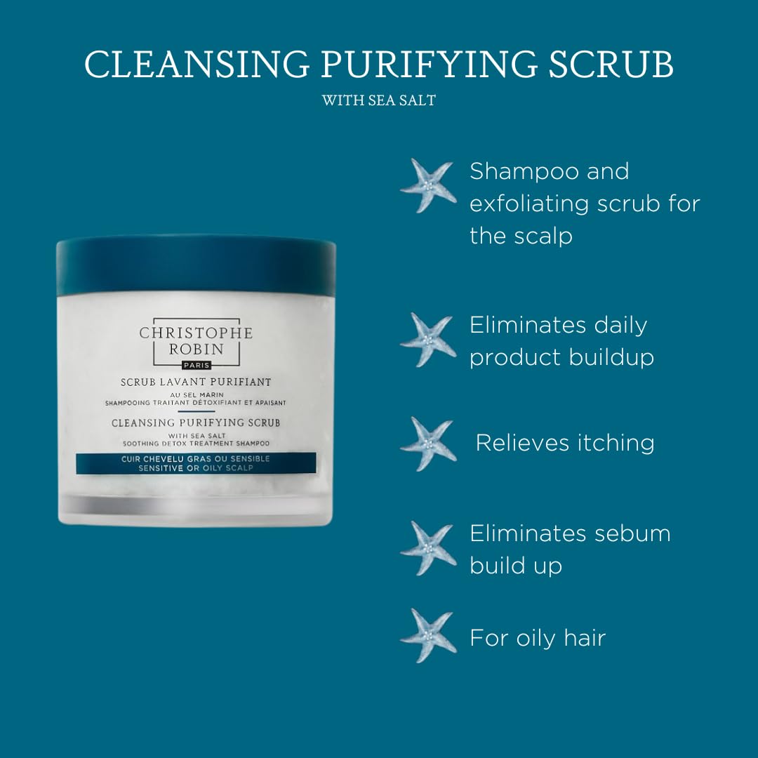 Christophe Robin Cleansing Purifying Scrub with Sea Salt for Oily and Itchy Scalp Detox 250ml (Low Dioxane)