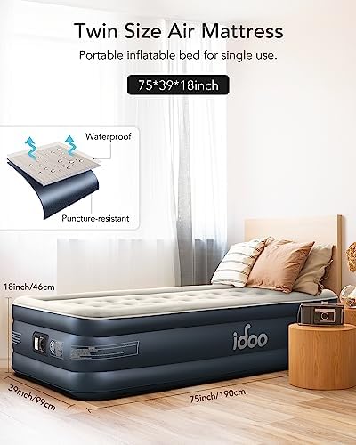 iDOO Luxury Twin Air Mattress with Built in Pump, 18" Raised Comfort Blow up Mattress, Inflatable Mattress for Guests & Home, Air Bed, colchon inflable, Upgraded Four Chamber Technical Airbed