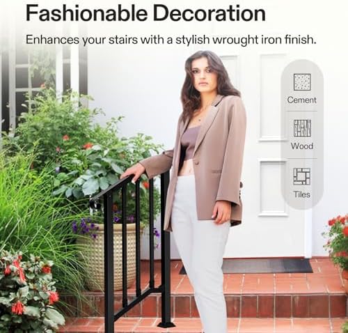 VIVOSUN Outdoor Handrail, 2 Step Stair Handrail, 26" x 36" Fits 1 to 2 Steps, Wrought Mattle Iron Stair Railing with Curved Ends and Balusters for Concrete Steps, Porch Steps, One-step Assembly, Black