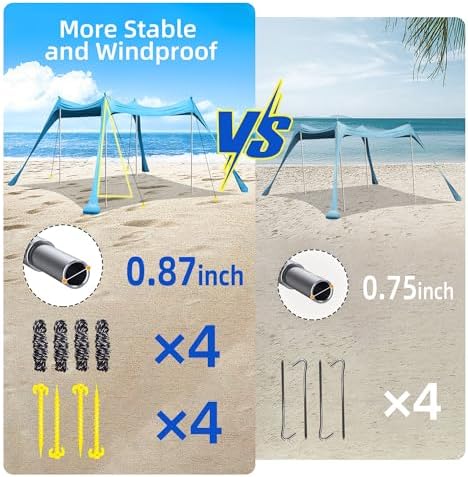BOTINDO Family Beach Tent Canopy Sun Shade, Pop Up Grande Beach Tent Sun Shelter Stability 4 Poles with Portable Carry Bag Outdoor Shade for Fishing Backyard Camping