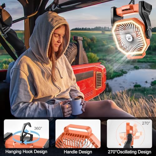 Odoland Camping Fan with LED Lantern, 20000mAh Rechargeable Battery Operated Fan, Portable Outdoor Light with Rotation Hook for Picnic Power Outage Hurricane Emergency Home Patio, Orange
