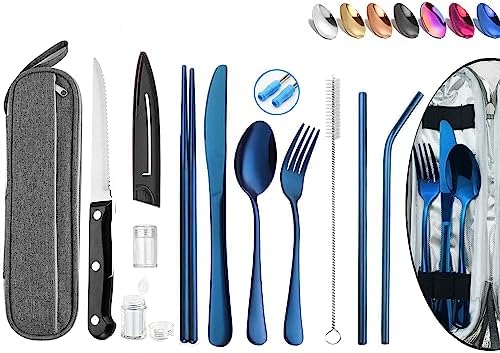 Portable Reusable Travel Utensils Silverware With Case, Camping Cutlery Set, Chopsticks and Straw, Flatware With Case, Stainless Steel Top (Blue)