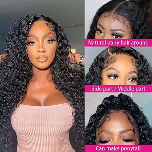 Lace Front Wigs Human Hair Water Wave Brazilian Virgin Hair 180% Density 4X4 Water Curly Lace Closure Human Hair Wigs for Black Women Glueless Wigs with Baby Hair Natural Color 22 Inch Water Wave Wig