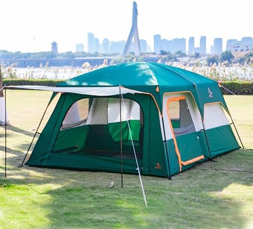 KTT Extra Large Tent 10-12-14 Person(A),Family Cabin Tents,2 Rooms,3 Doors and 3 Windows with Mesh,Straight Wall,Waterproof,Double Layer,Big Tent for Outdoor,Picnic,Camping,Family Gathering