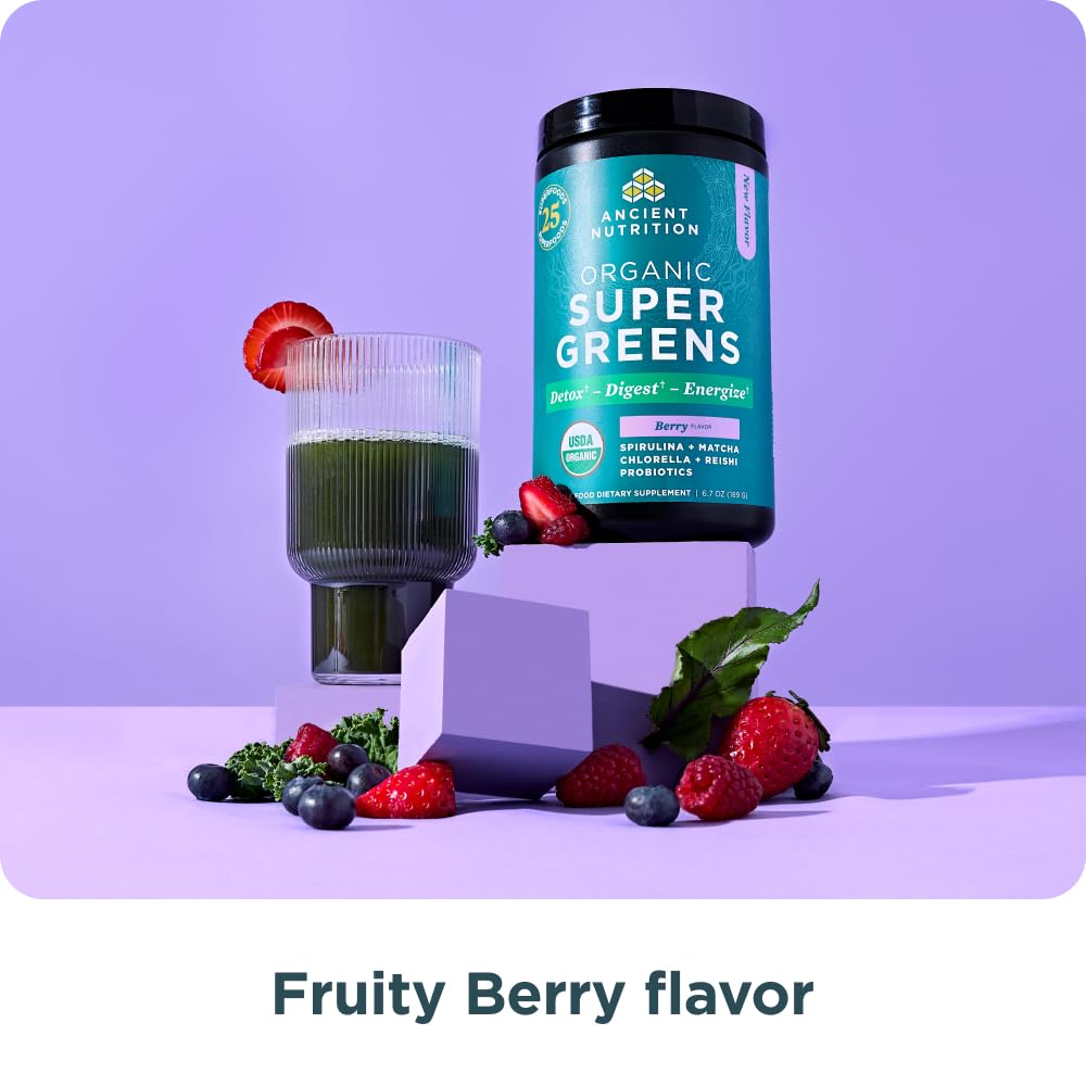 Ancient Nutrition SuperGreens Powder with Probiotics, Organic Berry Flavor Greens, Made from Real Fruits, Vegetables and Herbs, Digestive and Energy Support, 25 Servings, 6.7oz