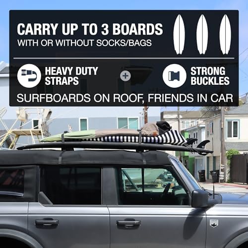 Ho Stevie! Surfboard Car Racks - Padded System, Easy Setup Any Car, ‘No Scratch’ Buckles - Strap Up to 3 Boards to Car Roof