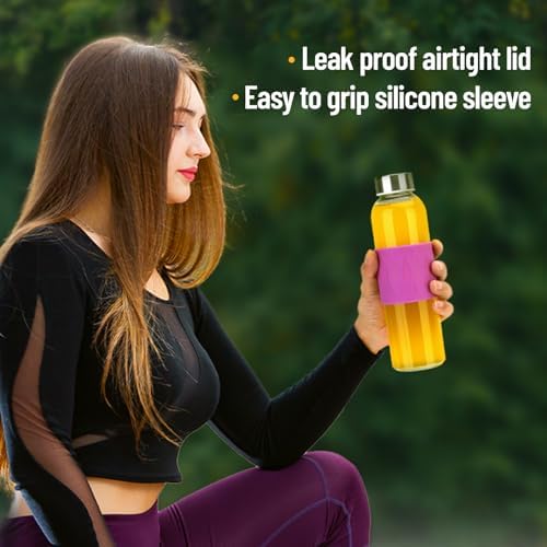 Zukro Glass Water Bottles with Lids 18 oz, Reusable Clear Juice Bottles Stainless Steel Airtight Cap for Juicing, 100% Leak Proof Juice Drinking Jar With Sleeve for Refrigerator, BPA Free, Set of 3