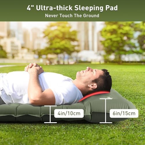 Elegear Double Sleeping Pad for Camping, 4" Ultra-Thick Self Inflating Camping Pad 2 Person with Pillow Built-in Foot Pump, Portable Camping Sleeping Mat for Backpacking, Hiking, Tent(Army Green Full)