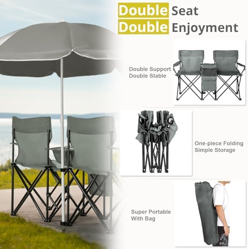 Outvita Folding Double Camping Chair w/Umbrella Beverage Holder Carrying Bag Cooler Fold Up Table, Large Bearing Capacity for Beach Patio Pool Park Outdoor Gray